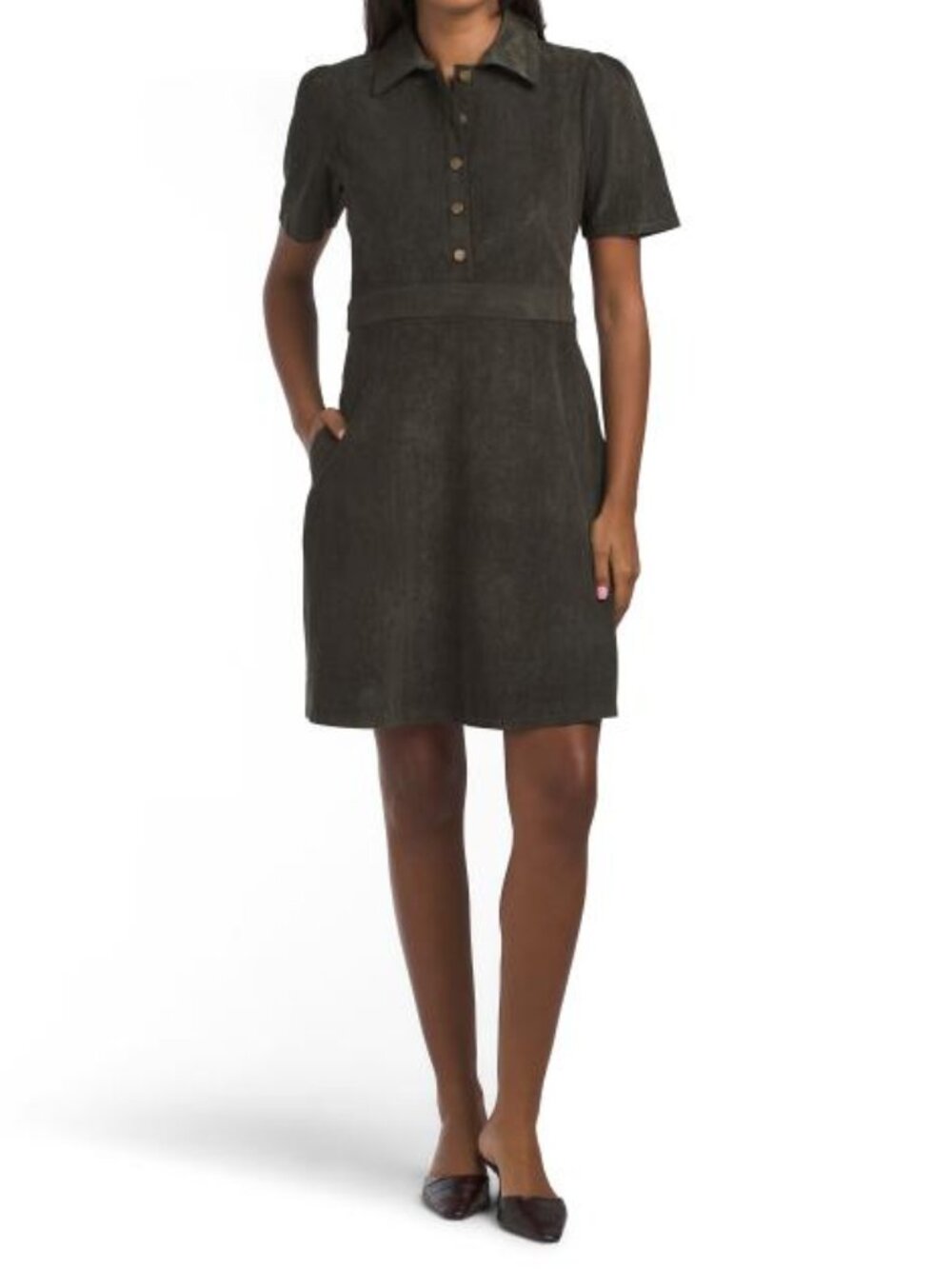 LONDON TIMES Olive Corduroy Inset Waist Mini Dress